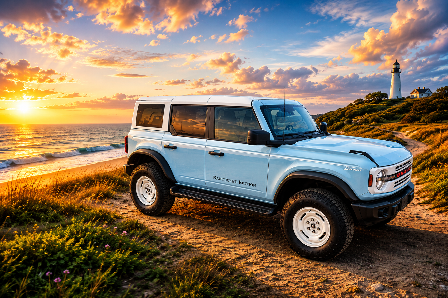 Ford Bronco Nantucket Edition parked on a coastal dune road at sunset with a lighthouse in the background